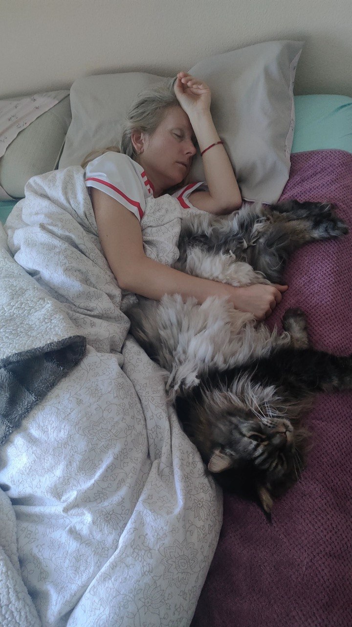 Lía descansando junto a un gato Maine Coon